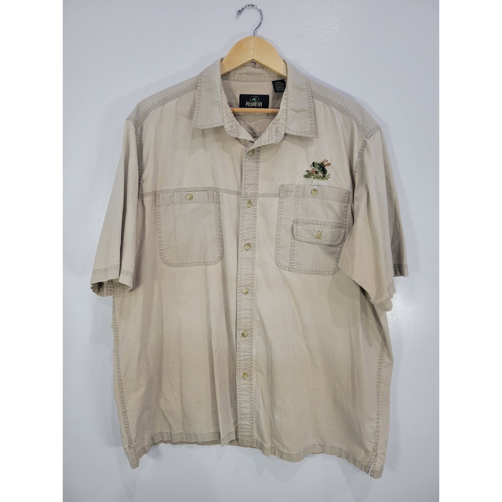RedHead Mens 2XL Tan Cotton Short Sleeve Fishing Shirt Bass Embroidered Graphic
